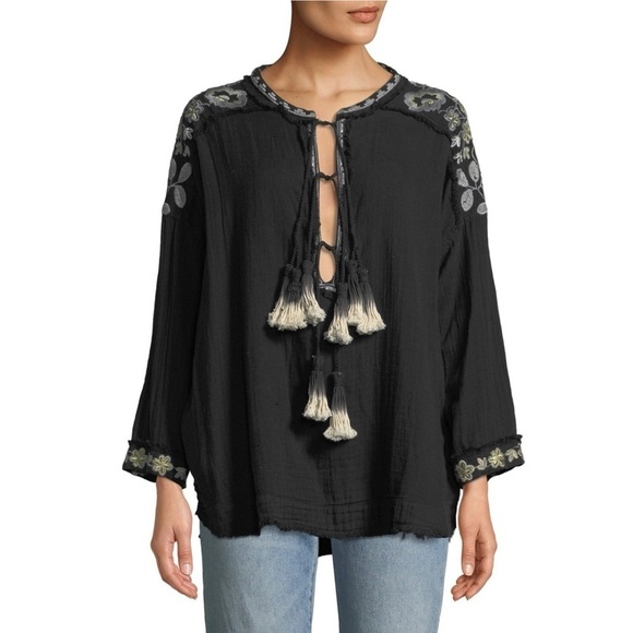 Johnny Was Sai Gauze Tassel-Tie Blouse Black Off White Embroidered - Picture 1 of 12